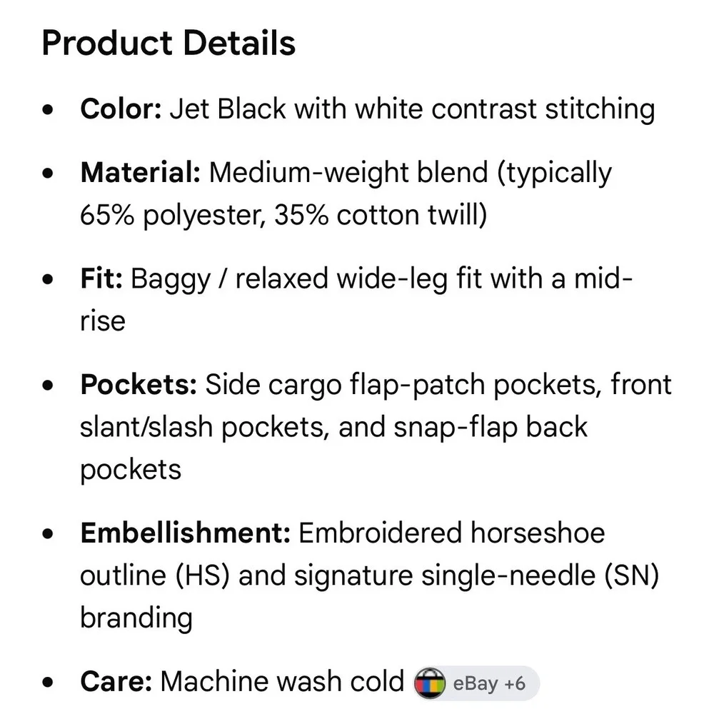 True Religion Cargo Pants Mens 36 Black NEW Baggy White Contrast Stitch 701060